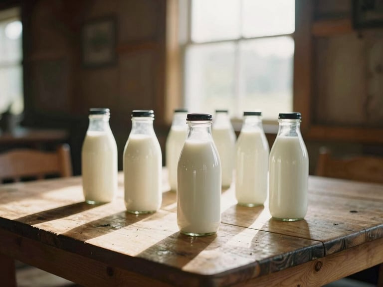 A rustic wooden table in a sunlit barn with fresh organic milk bottles, warm golden hour light, soft shadows, Scandinavian aesthetic, shallow depth of field, 35mm film.