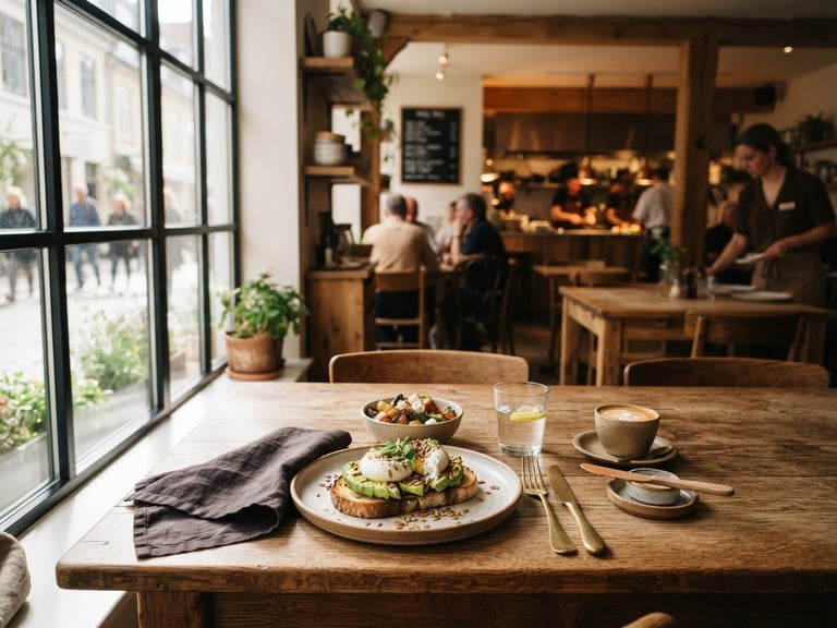 Warm Scandinavian-style restaurant interior, soft natural light from a large window, elegant wooden table set with ceramic plates, high-contrast shadows, 35mm film