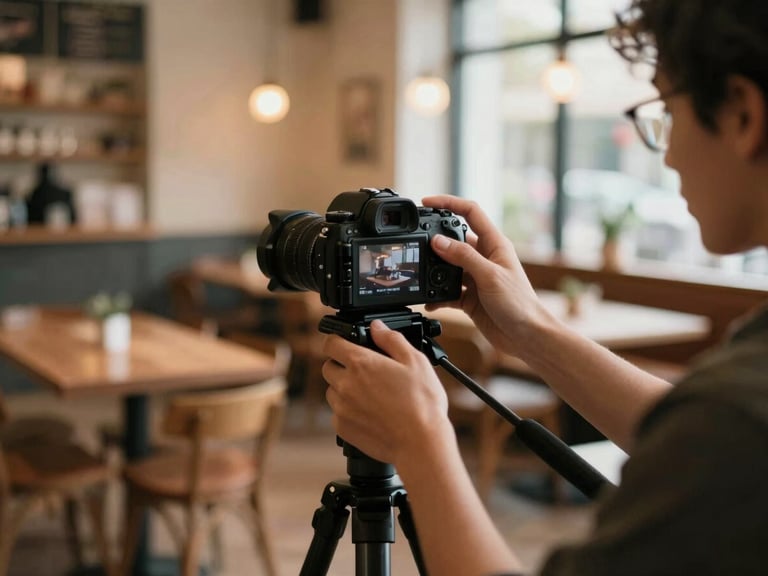 Behind-the-scenes shot of a content creator adjusting a camera on a tripod in a cozy, warm-lit boutique restaurant, soft focus on the background.