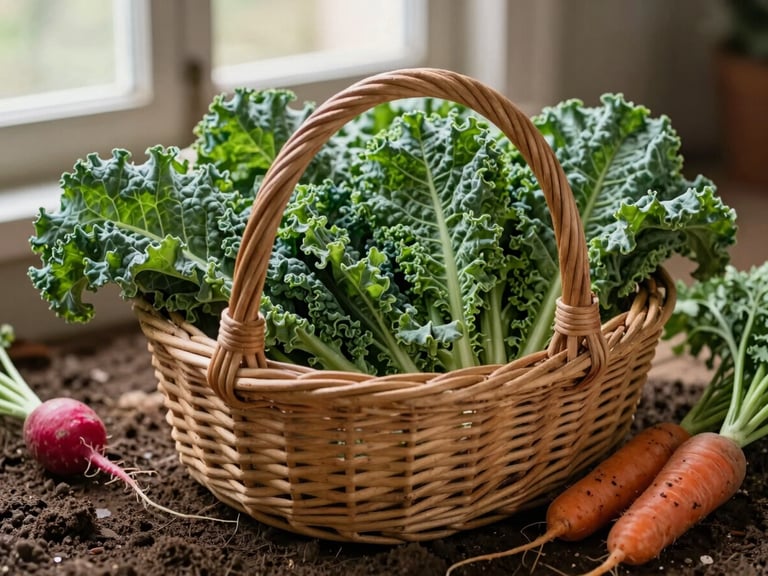 A rustic wicker basket overflowing with freshly harvested green kale, radishes, and carrots on damp dark earth, soft natural light, rich earthy tones.
