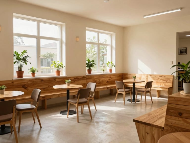 Wide shot of a bright shared communal lounge area in a residential complex, mid-morning natural light, cream walls, wooden benches, potted plants along the window sill, two small round tables with chairs, clean floor, empty and inviting, warm domestic atmosphere
