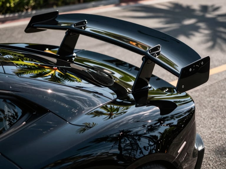 Low-angle close-up of a black exotic sports car wing, deep glossy reflections of palm trees, sharp highlights, 50mm lens