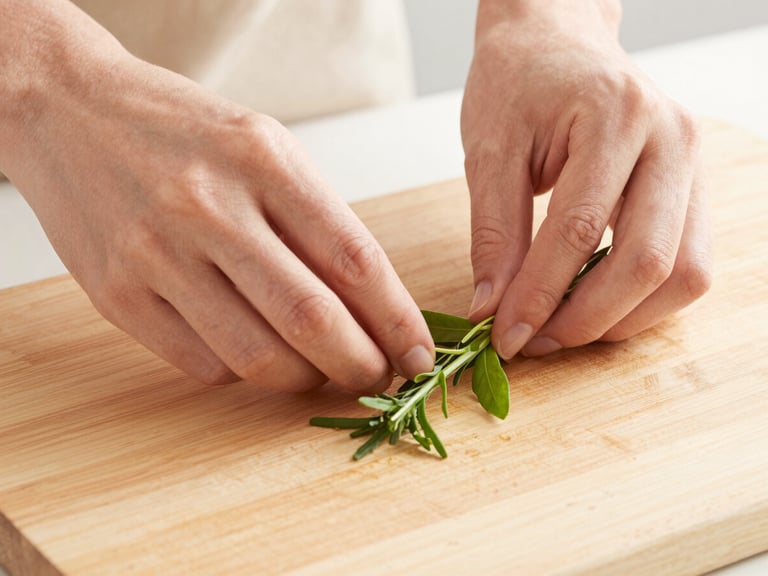 Close-up of hands effortlessly prepping fresh herbs on a large light wood cutting board, bright editorial food photography, soft shadows.