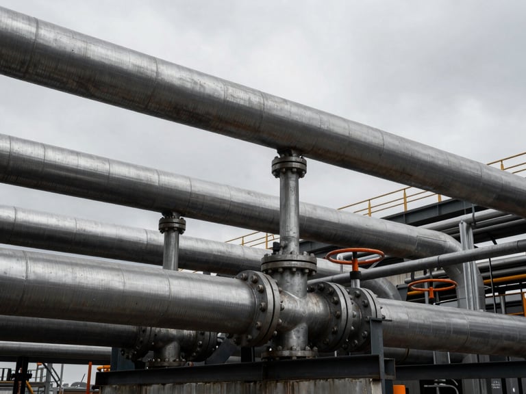 Wide environmental shot of a massive industrial piping manifold under overcast shipyard daylight, high-contrast desaturated steel tones.