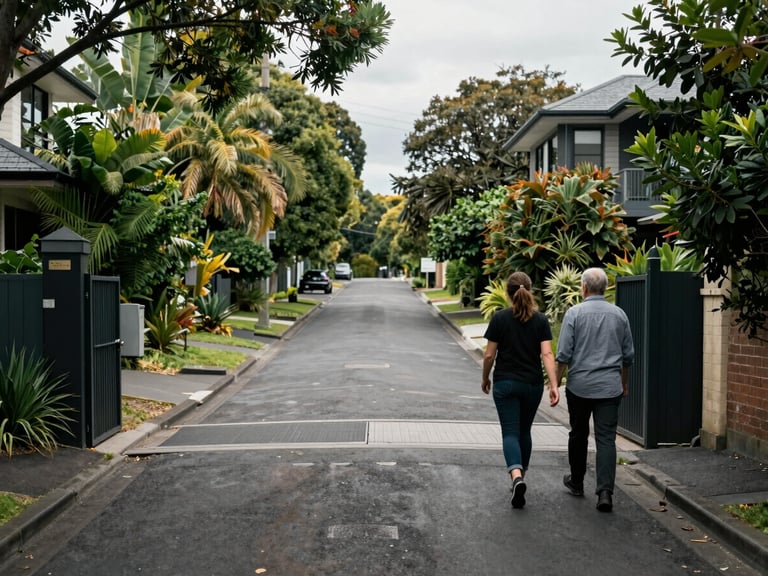 Wide shot of a quiet residential street in Melbourne's inner north, a support worker walking alongside a participant toward a front gate, overcast natural light, leafy nature strip, calm and unhurried — no faces visible, candid from behind