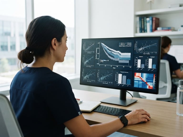 Over-the-shoulder shot of a clinical biostatistician analyzing clean data visualizations on a high-resolution screen, cool blue tones, bright natural daylight, 35mm