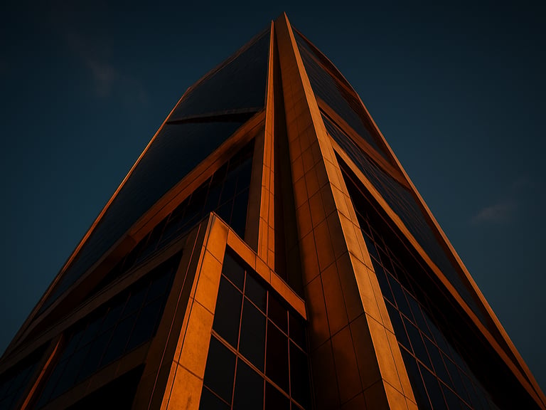 Low-angle heroic architectural shot of a modern corporate tower facade in Riyadh, dramatic golden hour light reflecting off dark glass and brass panels, sharp details, high contrast