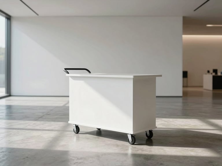 Architectural wide shot of a minimalist matte-white mobile cart standing in a sunlit, high-ceilinged modern corporate gallery with polished concrete floors, clean lines, and soft natural shadows.