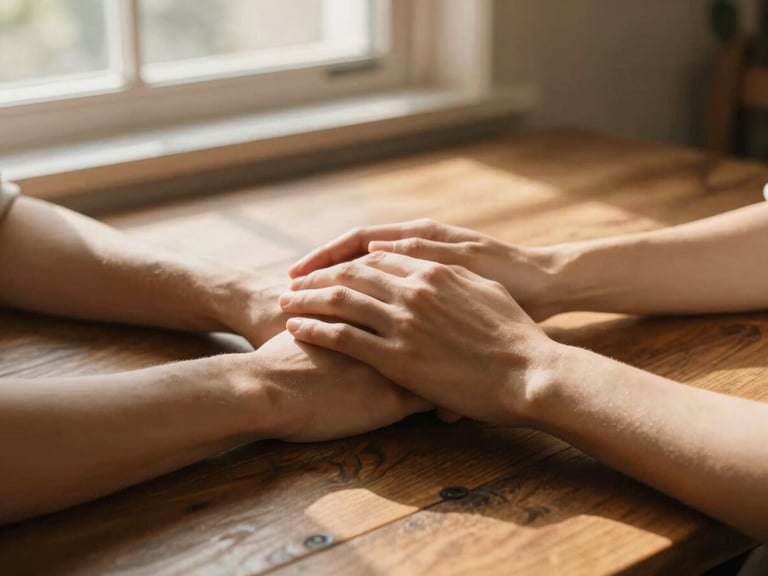 Hands of a couple gently resting on each other on a rustic wooden table, soft morning light filtering through a window, warm tones.