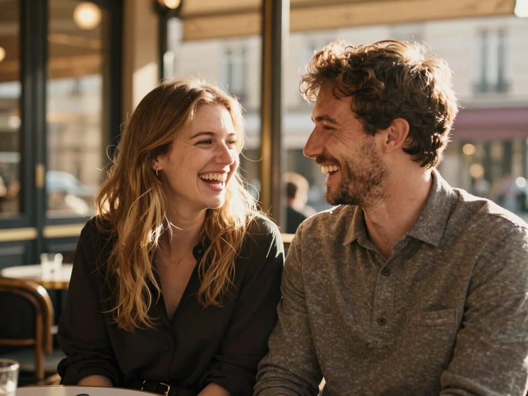 A candid medium shot of a laughing couple, Sophie and Marc, sitting in a warm Parisian café, golden hour light filtering through the window, authentic expressions.