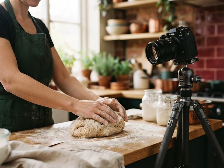 Editorial portrait of a camera on a tripod in a warm kitchen, soft natural window light, capturing a chef's hands kneading sourdough, shallow depth of field, rich crimson tones