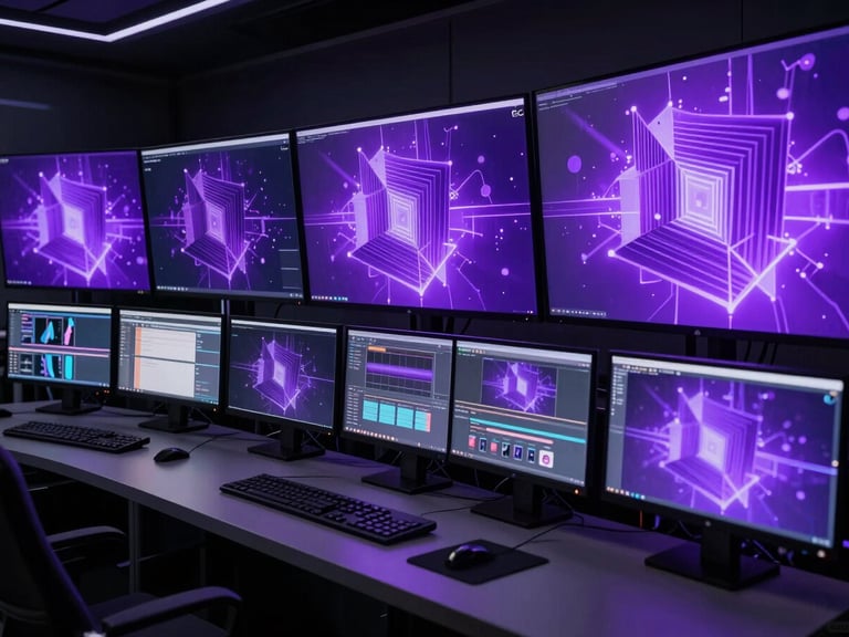 Wide panoramic cinematic still of a futuristic media editing suite, dark atmosphere, glowing electric purple monitors displaying abstract 3D generative geometry, extreme close-up detail.