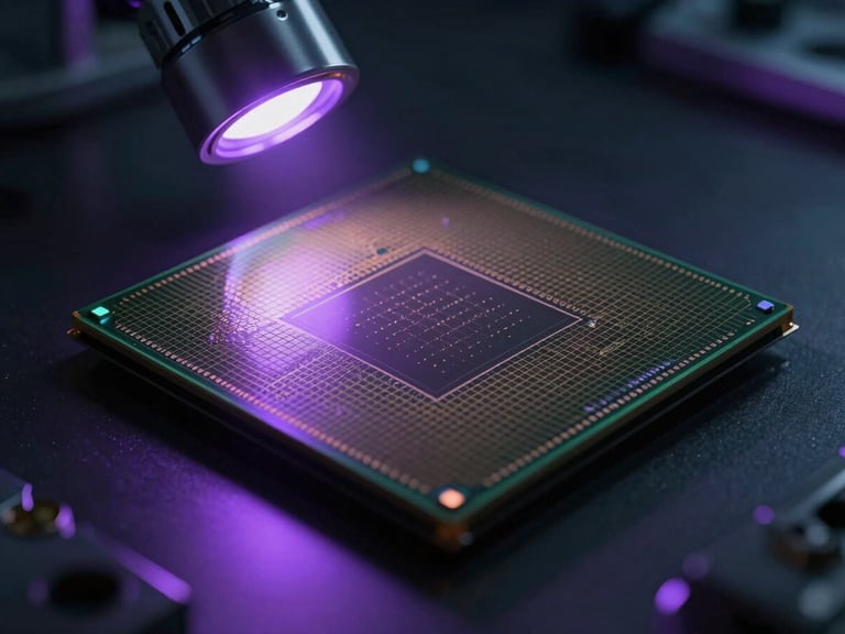 Macro cinematic close-up of a glowing silicon wafer in a dark cleanroom, illuminated by sharp single-source electric purple light, deep shadows