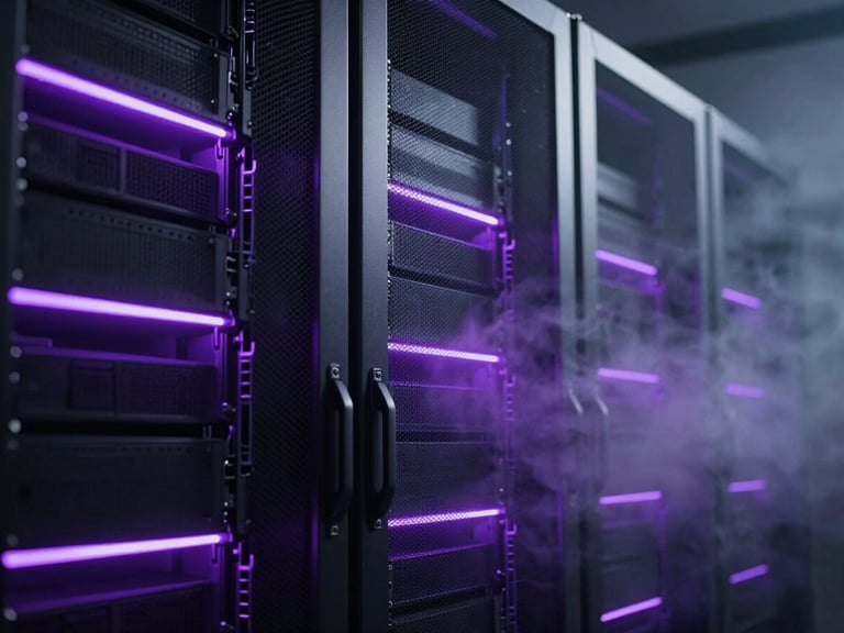 Cinematic close-up of high-tech server racks in a dark data center, illuminated by sharp electric purple neon lines, dramatic shadows, volumetric fog.