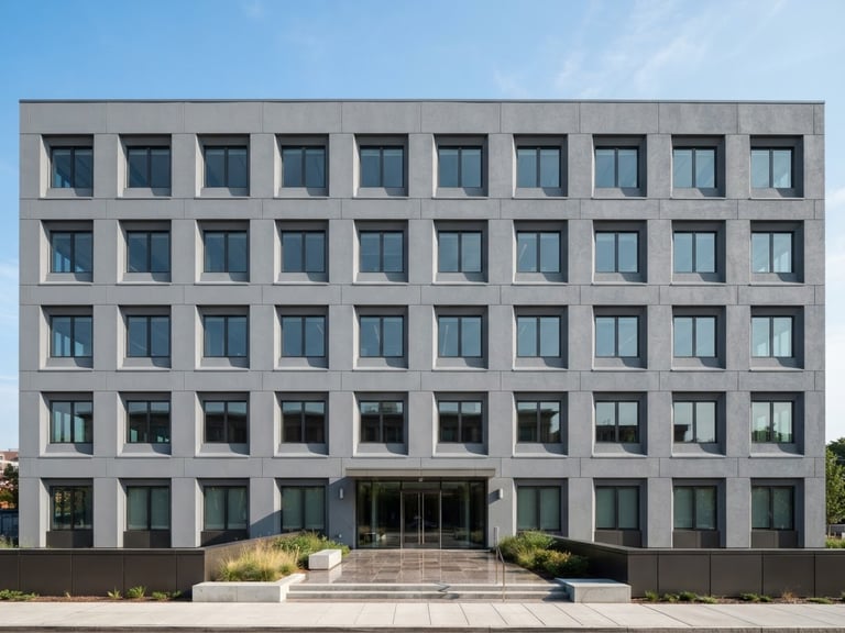 Straight-on architectural photography of a modern commercial building with flawless gray EIFS cladding under bright daylight, clean lines