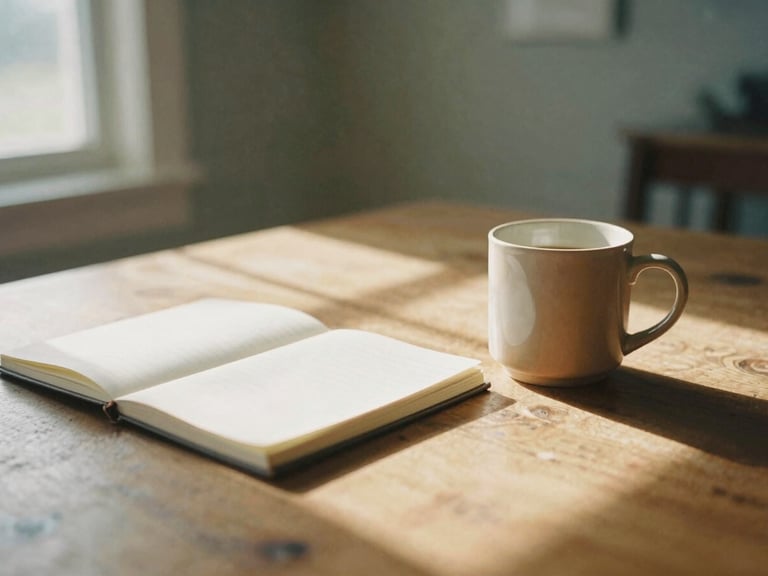 A warm, sunlit community room in Georgia, soft natural window light casting gentle shadows on a wooden table, a notebook and a warm mug, shallow depth of field, 35mm film style.