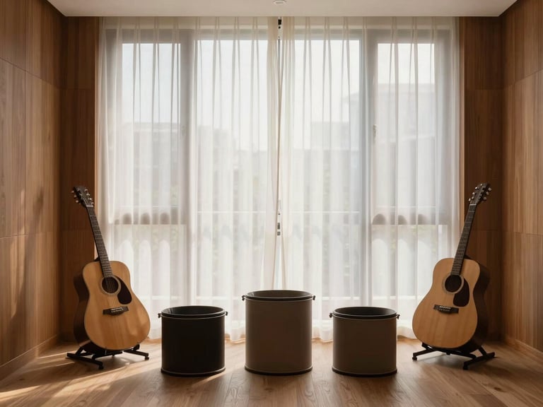 A quiet, premium acoustic therapy room in Singapore, soft morning light filtering through sheer curtains, refined wooden panels, minimal architectural lines, peaceful atmosphere.