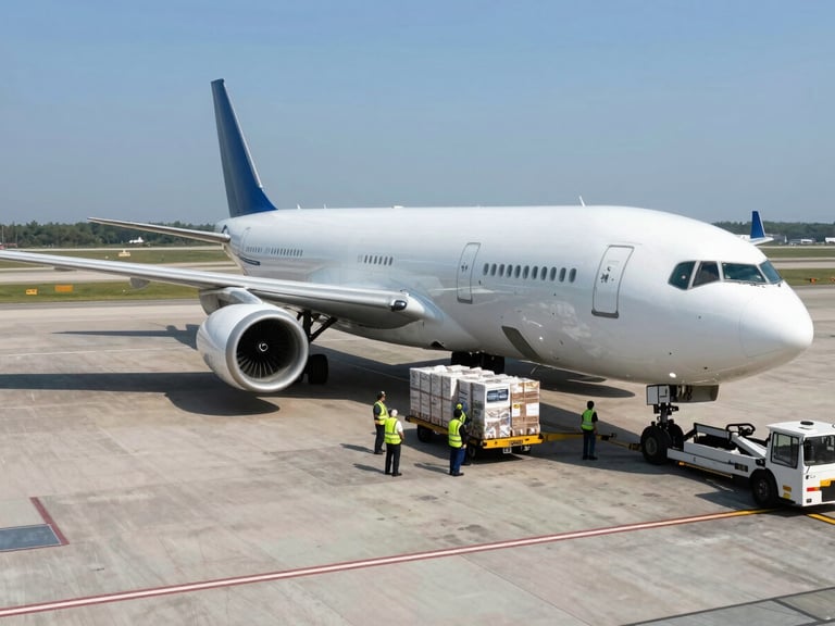 Wide panoramic view from above of a cargo aircraft on an airport apron at midday, hard direct sunlight casting geometric shadows under the fuselage and wing, ground crew in high-visibility vests loading sealed cargo containers via belt loader, no faces visible, tarmac lines and taxiway markings visible in foreground, blue sky horizon in the far background