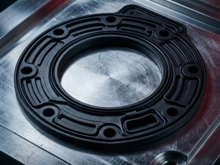 Macro photograph of a pristine black industrial rubber gasket, high-contrast studio lighting, metallic background, technical precision