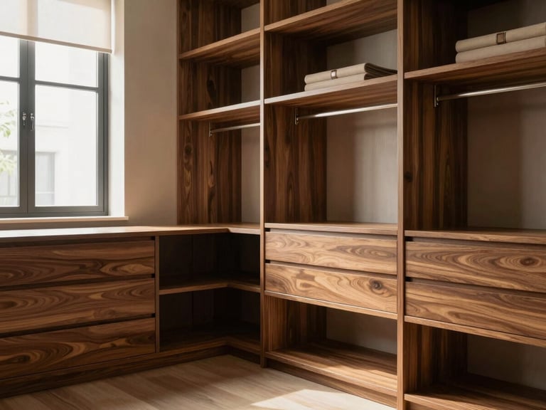 Wide environmental interior shot of a bespoke walk-in closet in Santo André, warm walnut wood tones, soft natural window light, elegant minimalist design, 35mm lens