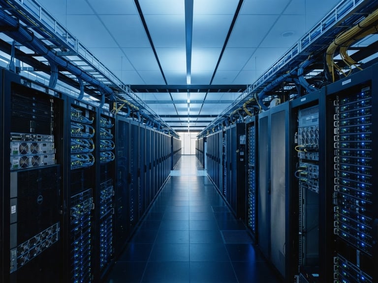Abstract architectural geometry of a modern corporate data center, cool-toned diffused blue lighting, clean lines, professional 35mm.