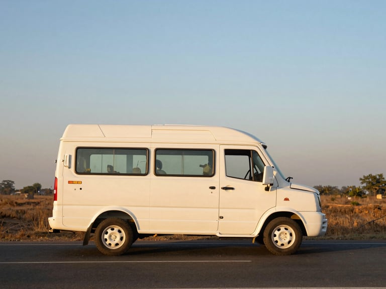 A clean white 12-seater Tempo Traveller on a wide open road near Mathura, soft golden hour light, clean side profile view