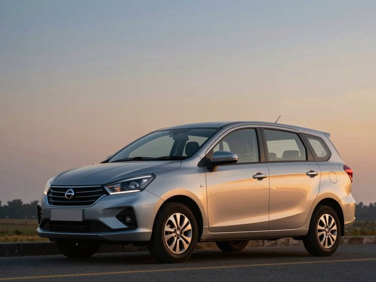 A silver Maruti Ertiga parked under a soft twilight sky, highlighting its clean modern lines and spacious cabin