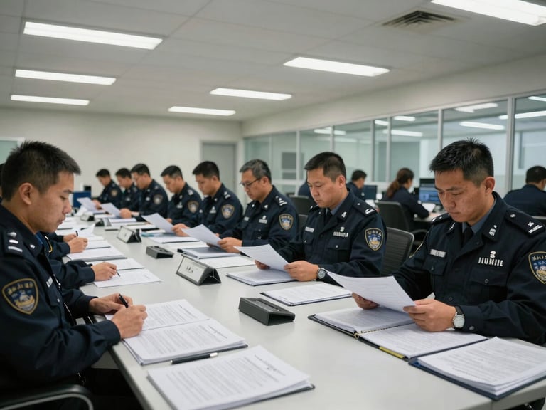 Wide environmental shot of a security operations facility, uniformed personnel reviewing compliance binders at a long table under fluorescent overhead lighting, job-site context visible through glass partition in background, documents and folders on the surface, honest institutional atmosphere with no staged posing