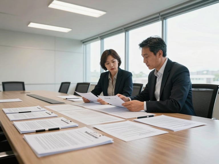 Wide environmental shot inside a corporate meeting room in natural window light, two professionals reviewing printed compliance documents spread across a conference table, fluorescent overhead supplements daylight, clear sightlines across the room, folders and pens visible on the table surface