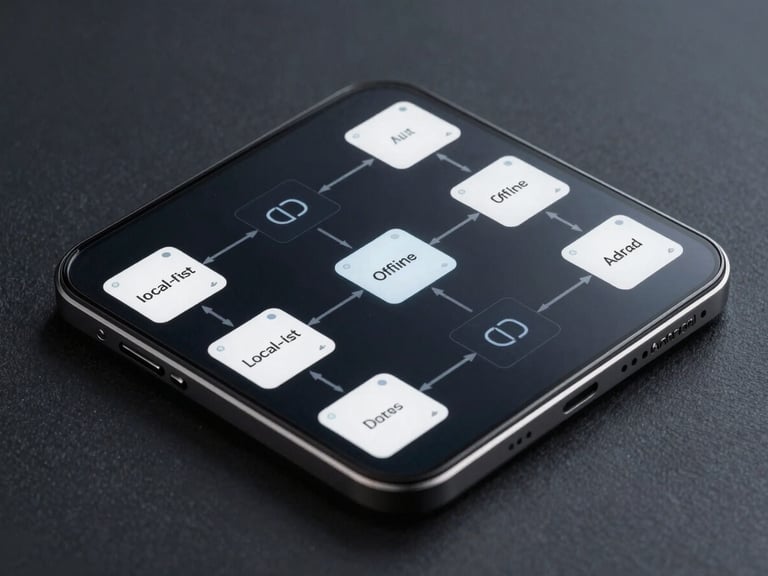 Orthographic vector diagram showing local-first offline data flow on an Android device, clean lines, cool-toned developer lighting, dark slate background