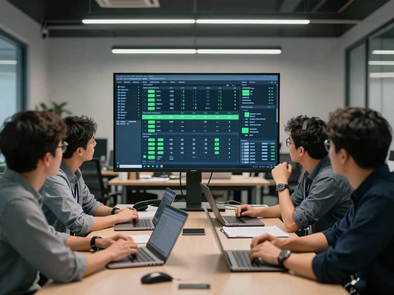 Wide environmental shot of a team gathered around a large monitor displaying a live operations dashboard with workflow metrics and green status indicators, cool overhead office lighting, notebooks and laptops visible on the table, no posed expressions — everyone mid-discussion