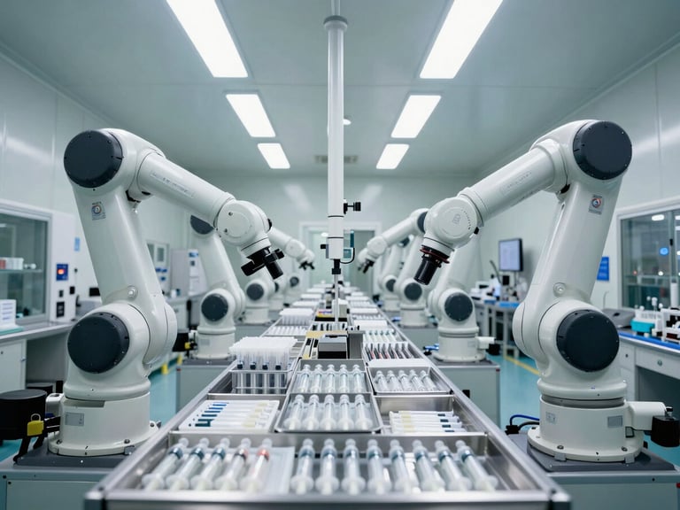 Wide-angle panoramic view of an automated medical cleanroom assembly line, robotic arms packaging sterile syringes under bright clinical white illumination, sterile-barrier environment.