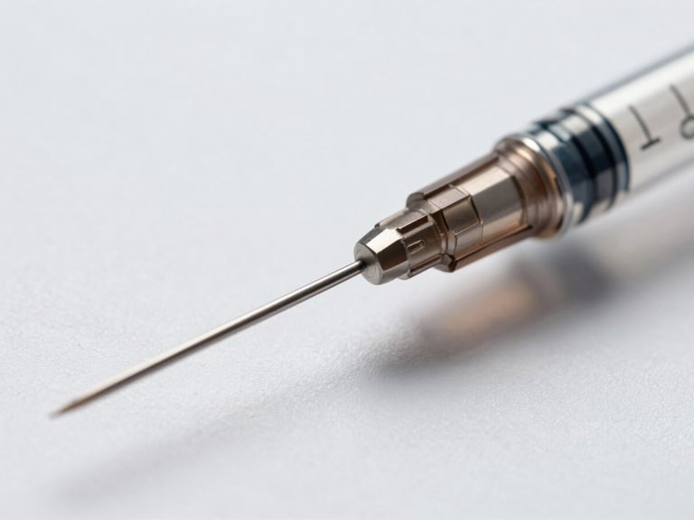 Macro close-up of sterile medical syringe needle bevel under clinical white laboratory light, shadowless, high-contrast engineering precision, surgical steel detail.