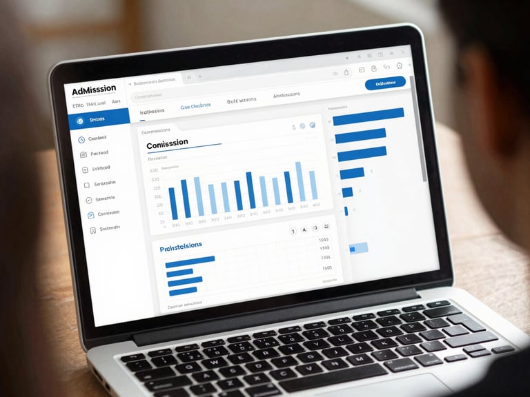 Over-the-shoulder shot of an admissions dashboard on a laptop screen, showing clean CRM lead conversion charts, bright natural morning light