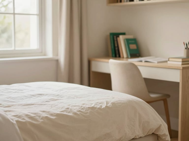 Warm editorial interior photography of a private student room, soft natural window light, crisp linen on a single bed, minimalist study desk with books, cream and champagne tones, shallow depth of field.
