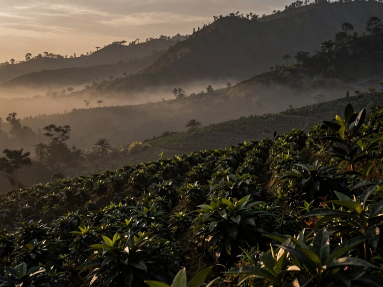 Wide panoramic view of a lush Sri Lankan spice estate shrouded in morning mist, dramatic mountain ridges, low-key lighting, deep shadows