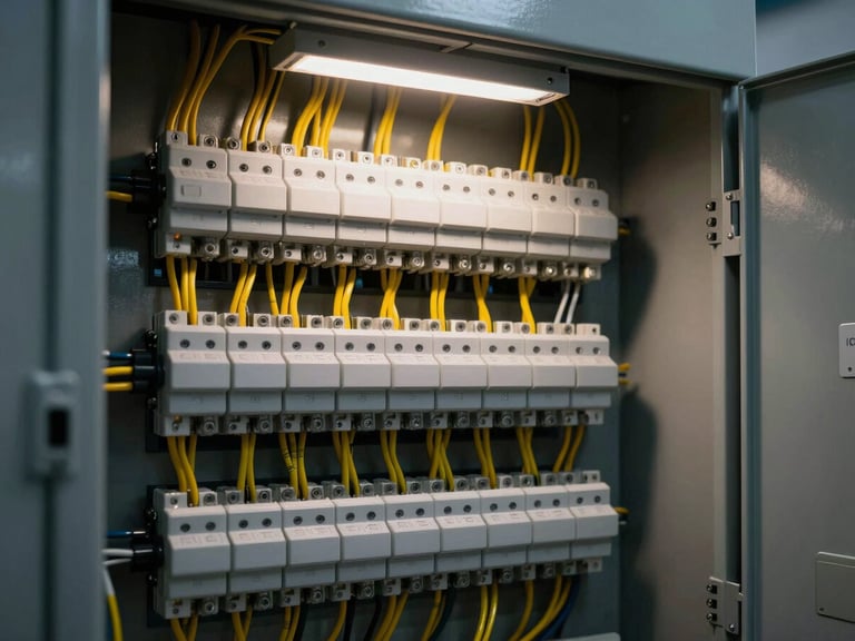 Immaculate organized electrical panel with perfect cable management, ultra-clean wiring layout, sharp industrial lighting, dark moody tones with yellow accents, 35mm
