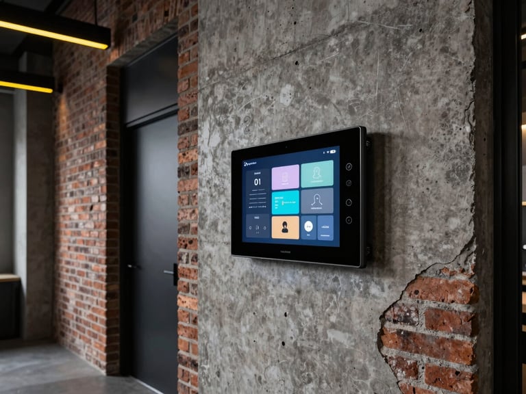 Modern loft interior with exposed brick and concrete, high-end flush-mounted touch screen controller on the wall