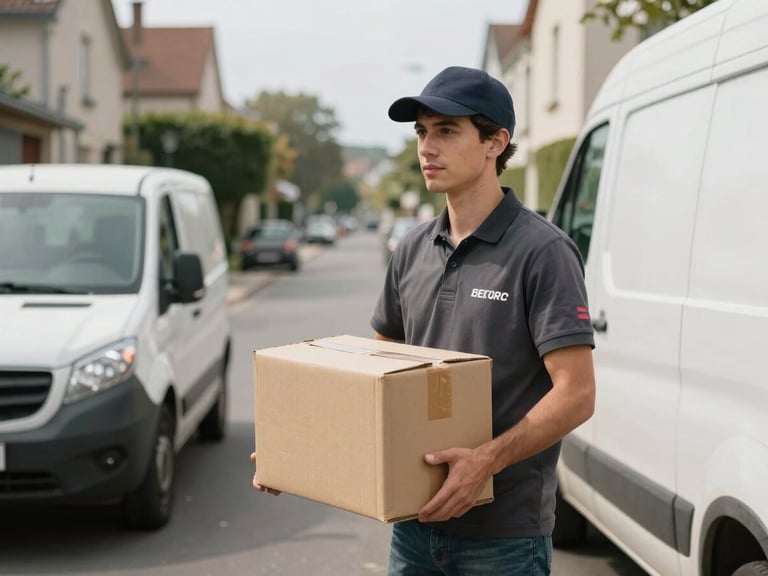 Medium shot of a local delivery courier in a simple uniform carrying a cardboard package near a parked delivery van on a quiet French suburban street, natural soft daylight.