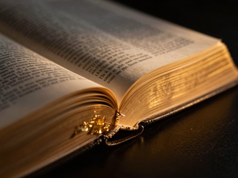 Close-up macro shot of gold-foil page edges of an open Bible, dramatic dark chiaroscuro lighting, glowing amber halo.
