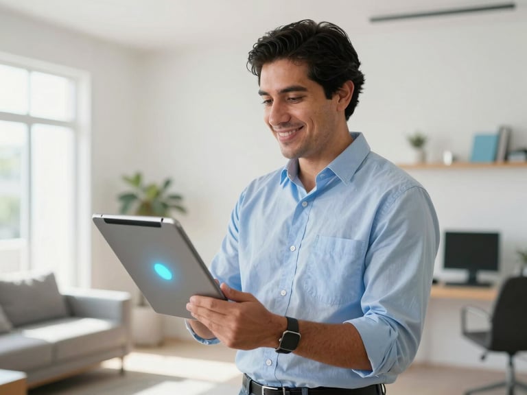 Bright modern domestic setting in Mexico, a friendly local advisor holding a tablet with a glowing screen, natural daylight with subtle blue accents, 35mm photography