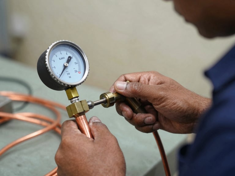 Tight macro shot of a certified technician in a navy uniform pressure-testing copper coils with a high-contrast digital gauge under bright Mumbai daylight.