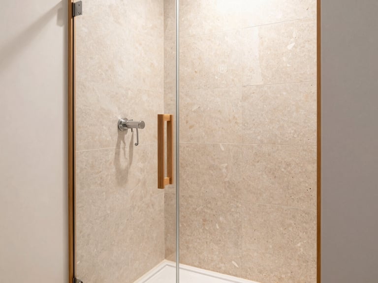 Modern bathroom with walk-in shower, non-slip textured stone tiles, minimalist wooden details, bright natural light, 35mm lens