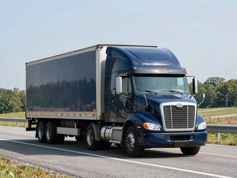 A commercial truck driving on a highway through a Maryland landscape, conveying regional reach and logistics, crisp editorial photography, bright natural daylight, deep navy and cool gray tones, sharp focus, 35mm