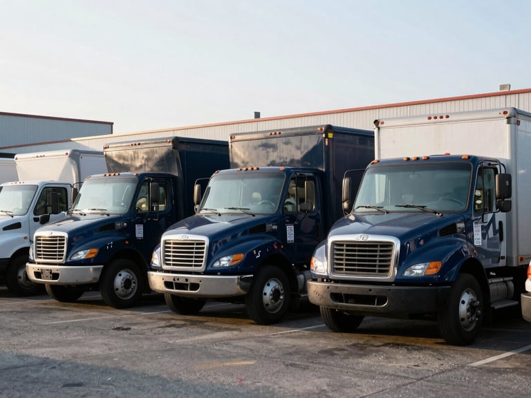 Commercial delivery trucks parked in a Baltimore industrial yard at dawn, crisp editorial photography, bright natural daylight, deep navy and cool gray tones, sharp focus, 35mm