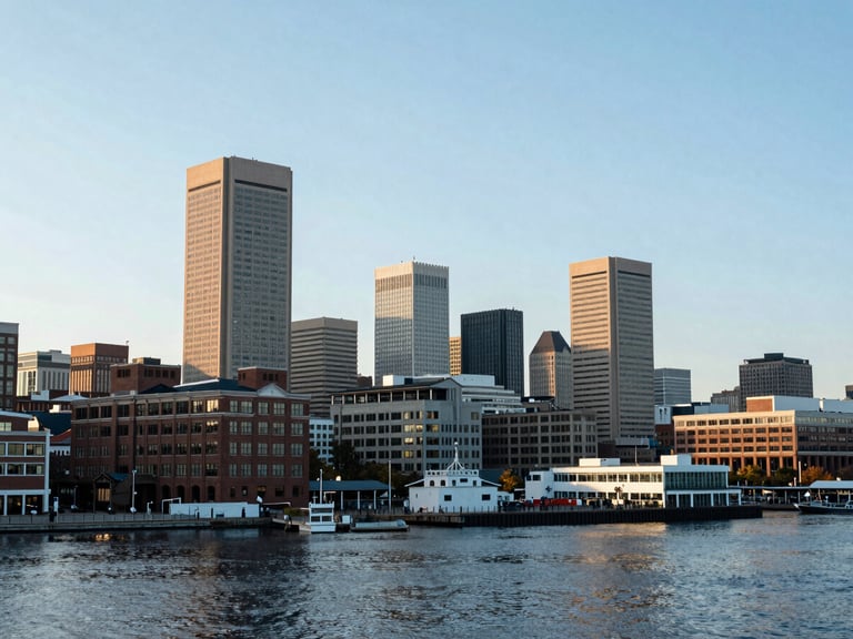 Panoramic view of Baltimore's Inner Harbor at dawn, showing commercial buildings and infrastructure, crisp editorial photography, bright natural daylight, deep navy and cool gray tones, sharp focus, 35mm