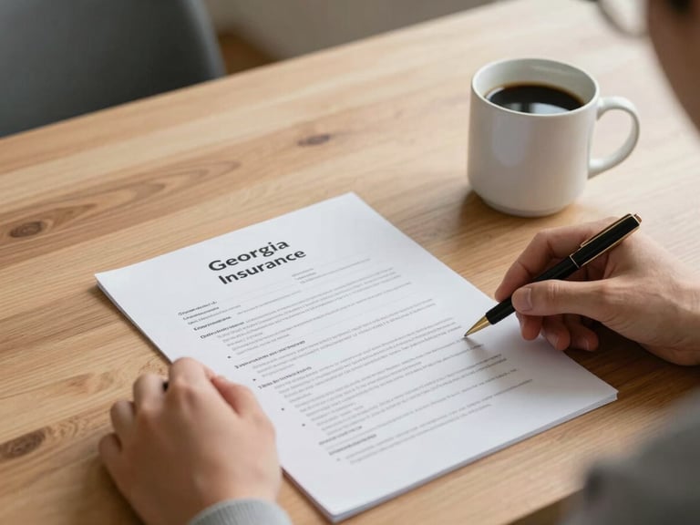 Soft natural daylight on a clean wooden desk, hands carefully reviewing a Georgia insurance document, a coffee mug nearby, shallow depth of field.