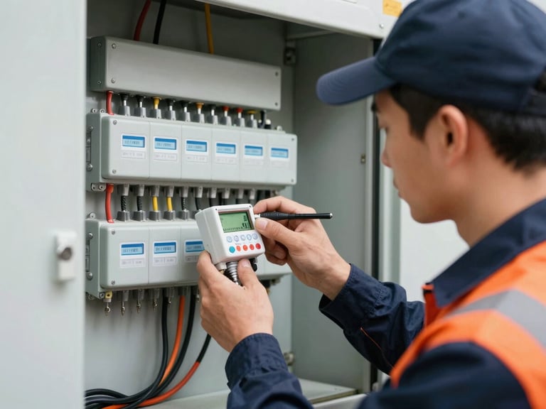 Close-up of a professional electrician in safety gear measuring voltage on a clean, highly organized industrial electrical panel, bright daylight