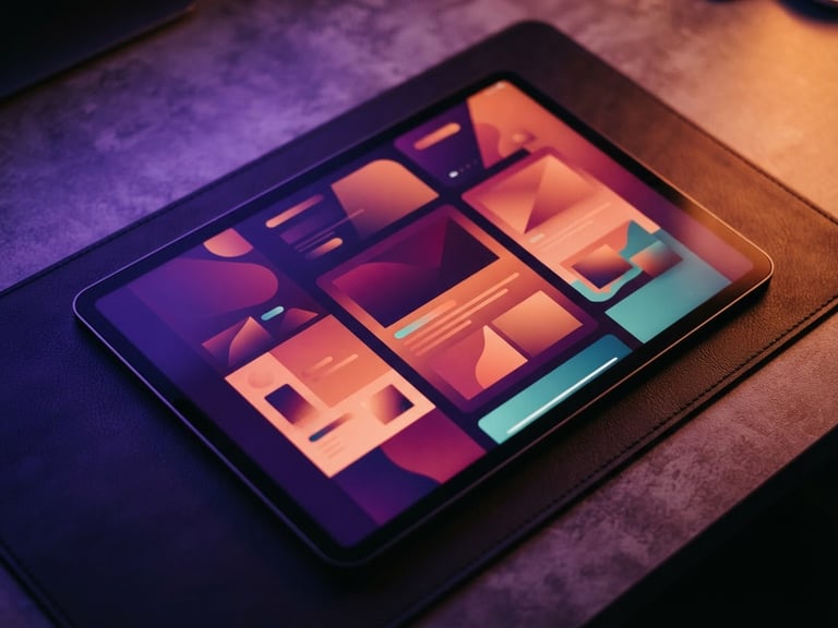 Overhead macro shot of a sleek tablet displaying a vibrant digital newsletter layout, illuminated by high-contrast violet and orange studio gel lights, sharp focus, modern desk setting.