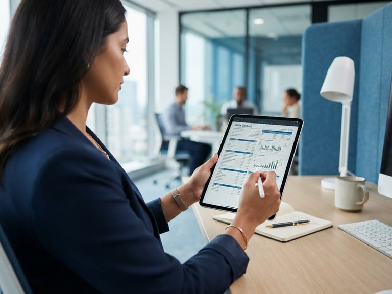 Over-the-shoulder shot of a business consultant analyzing utility contracts on a tablet screen, bright office daylight, clean blue and white interior tones.